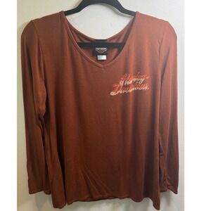 Harley-Davidson Womens XL Rust Brown Rhinestone Logo V-Neck Long Sleeve Top